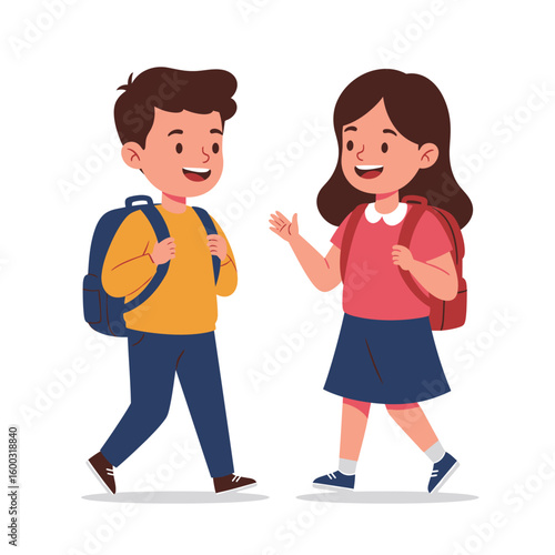 Two happy cartoon children, a boy and a girl, with backpacks, walking and talking.