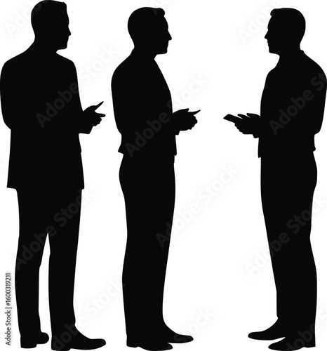 Silhouette of three business people discussing with gestures and document in hand
