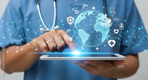 Wallpaper Mural A doctor in scrubs using a tablet with a digital globe and medical icons overlayed on a network design Torontodigital.ca