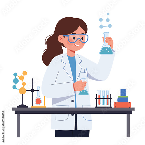 A young female scientist in a lab coat examines colorful beakers and test tubes, surrounded by scientific equipment.