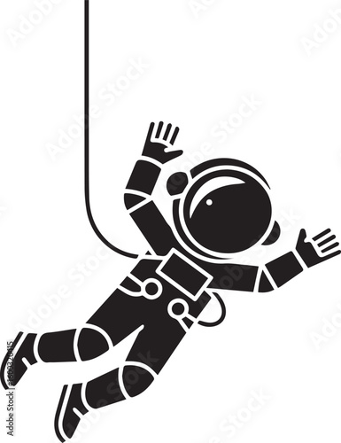 Astronaut floating in zero gravity. Simple black and white vector icon of a spaceman on a spacewalk tethered mission.