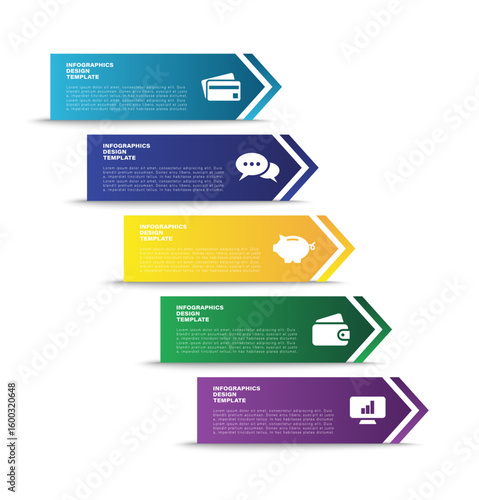 Arrows vertical infographic template. Five steps, processes or options infographic layout with business icons