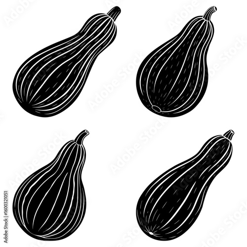 Four black and white butternut squash illustrations arranged on a white background in a square shape