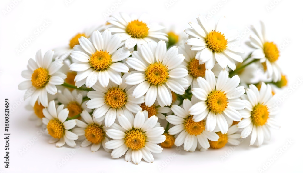 Obraz premium A close-up of a collection of beautiful daisy flowers with yellow centers and bright white petals. The flowers are arranged in a lush, natural cluster