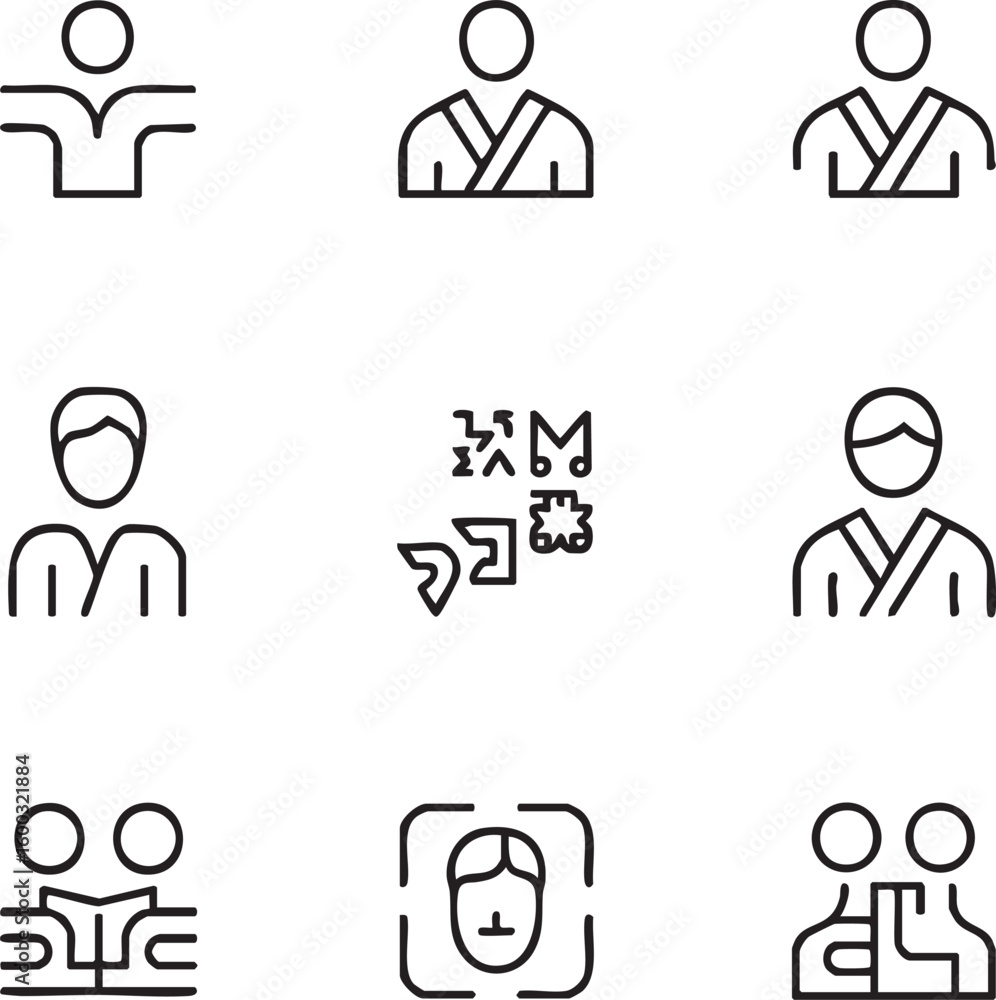 Obraz premium Martial arts vector icon set adjustable line weight karate,aikido,judo,taekwondo,face scan,studying,practice,training,dojo,uniform,instructor,discipline,symbols icon set