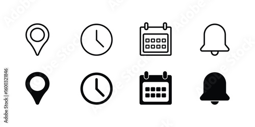 Minimalist Icons Set: Location Pin, Clock, Calendar, and Notification Bell for Digital Design