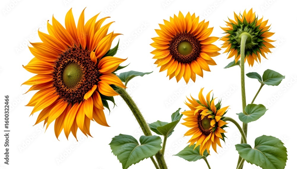Obraz premium Close-up shot of vibrant sunflowers in full bloom. Their bright yellow petals stand out beautifully against their green stems and leaves