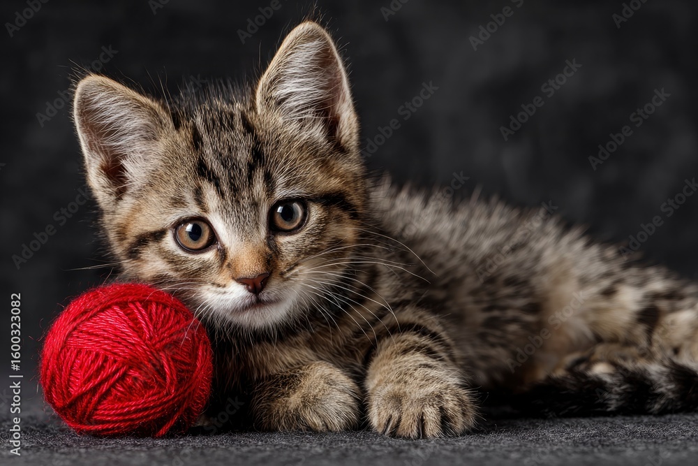 Fototapeta premium A tabby kitten rests beside a red yarn ball on a gray surface gazing directly at the viewer