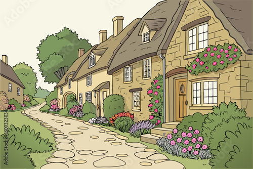 Beautiful idyllic old English village street with cottages made of stone and front garden with flowers