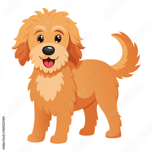 A friendly cheerful labradoodle with a happily wagging tail, isolated on white, expressing joy and playful energy.