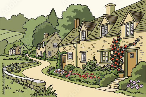 Beautiful idyllic old English village street with cottages made of stone and front garden with flowers