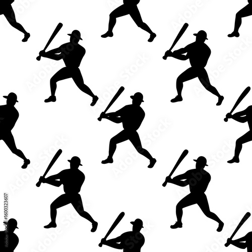 Seamless Pattern of Baseball Players in Silhouette Hitting with Bats on White