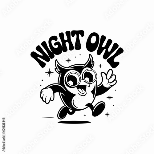 A cheerful black and white cartoon night owl mascot running and waving under arched text.