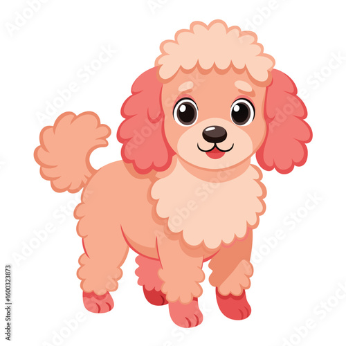 A joyful cheerful poodle with fluffy curly fur, on a clean white background, radiating elegance and playful charm.