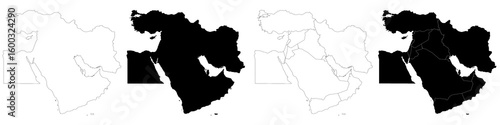 Middle East administrative map, Middle East outline and countries region map set – illustration version