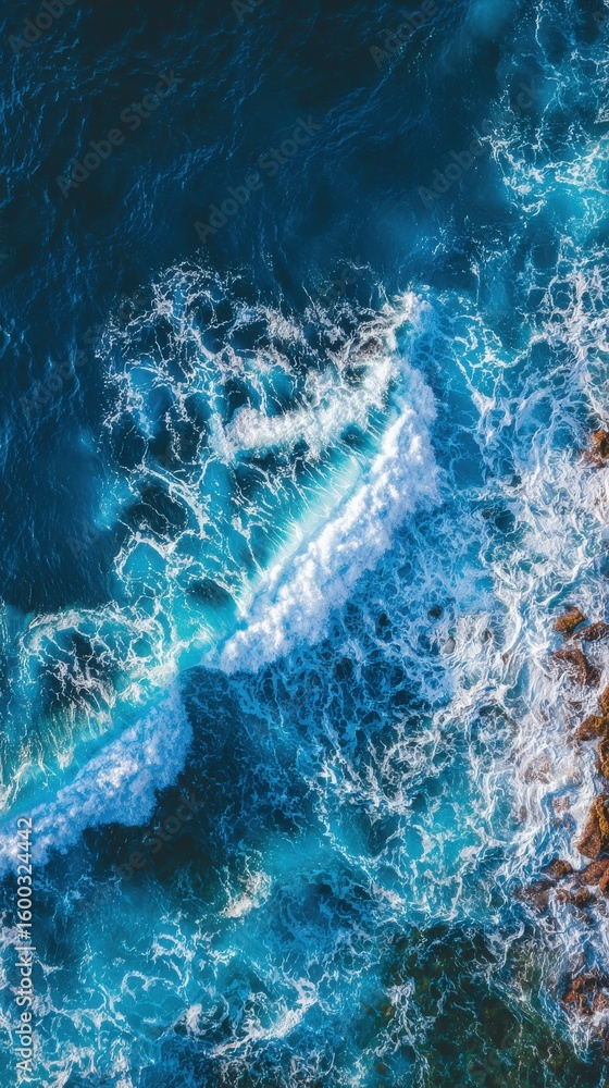 Fototapeta premium Turbulent ocean waves break over a rocky shoreline. The vibrant blue water contrasts beautifully with the frothy white surf, creating a dynamic coastal landscape under clear skies.