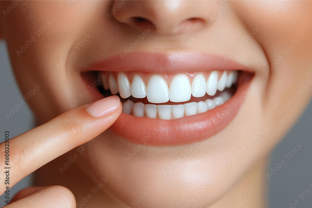 Fototapeta premium A closeup of a womans perfect white teeth as she points to her radiant smile