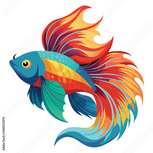 A striking colorful betta fish captured in a magnificent flare pose, on a clean white background, highlighting its vibrant display.