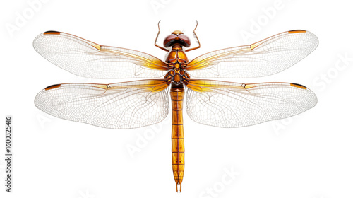 Orange dragonfly top view with transparent wings isolated on white background for insect and macro nature concept

