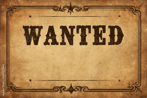 A wanted poster showcases bold lettering and a rustic background, capturing the essence of the Wild West. The aged paper adds to its historical authenticity, evoking images of lawmen and outlaws.