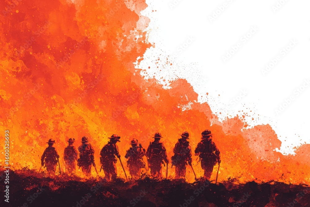Fototapeta premium Firefighters stand together against a backdrop of bright flames and smoke, preparing to face a fierce wildfire. Their silhouettes are striking against the vivid orange and red hues.