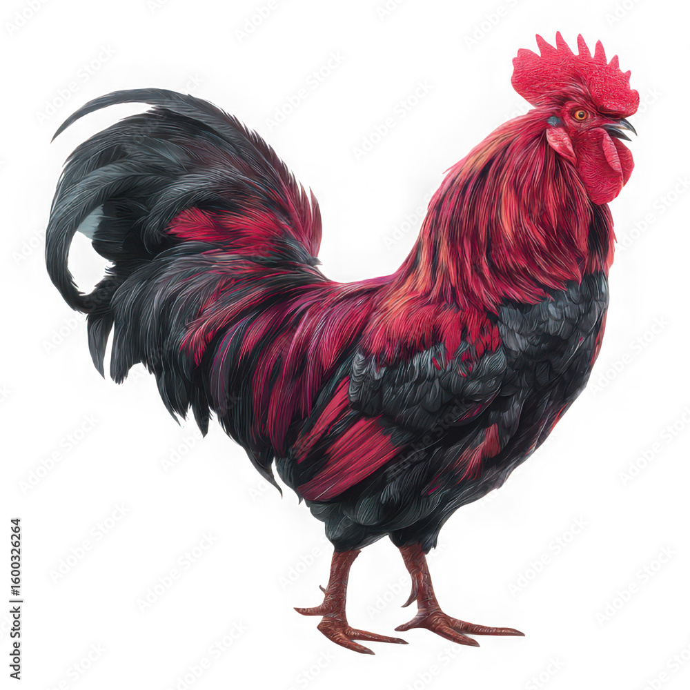 Fototapeta premium Red and black rooster standing isolated on transparent background