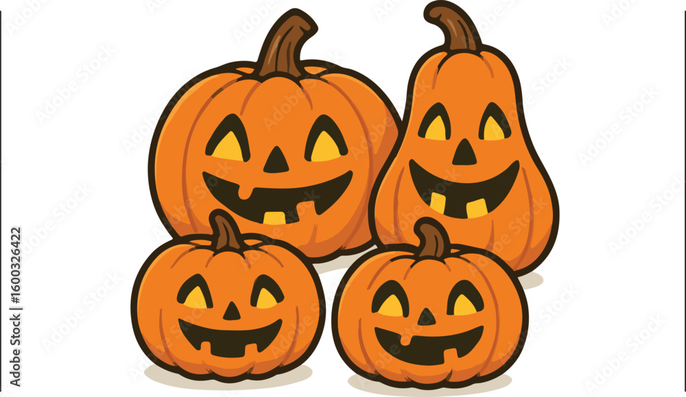 Fototapeta premium Group of Smiling Jack-o'-Lanterns – Fun Halloween Pumpkins in Various Shapes