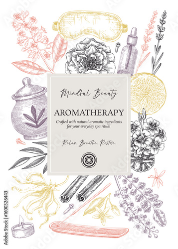 Aromatherapy elegant frame design. Spa and wellness hand-drawn vector illustration. Self care floral card, cover, flyer template. NOT AI generated