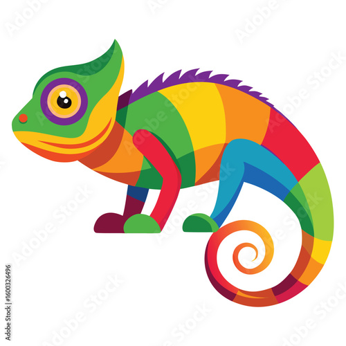 A captivating colorful chameleon changing its hues, on a clean white background, symbolizing adaptability and transformation.