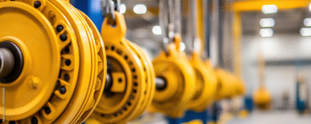 Obraz premium Close up of yellow pulley mechanisms with tension cables in industrial setting, showcasing precision engineering and functionality. image conveys sense of strength and reliability