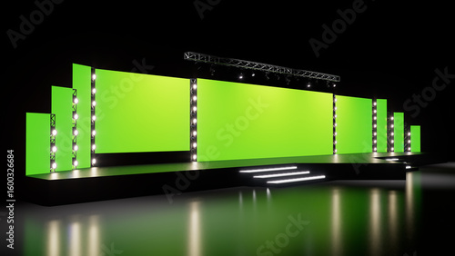 3D render of a led screen stage with podium, catwalk and led strip lights on podium steps for big events like corporate events, product launch events