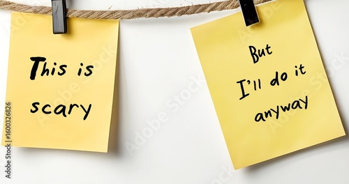 Two paper note written This is scary , but I’ll do it anyway - concept of courage which is not the absence of fear - ability to act despite feeling fear, Taking risks and confront difficult challenge,