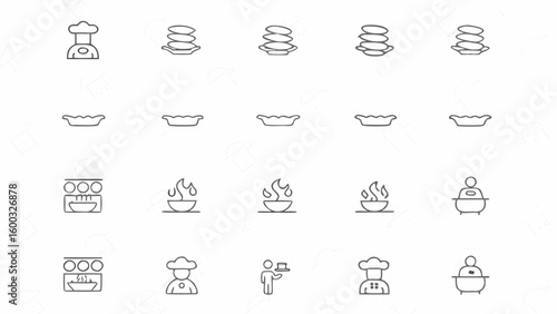 Illustration of culinary icons featuring chefs plates dishes and cooking elements in a simple line art style silhouette