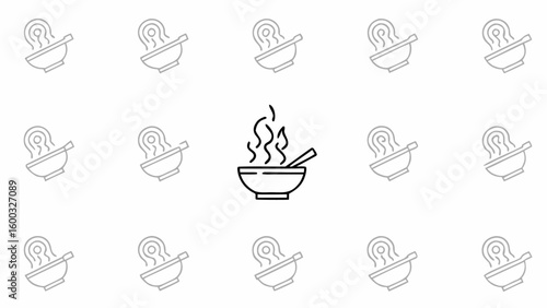 A collection of bowls with steam and a spoon, arranged in a pattern on a white background design here silhouette