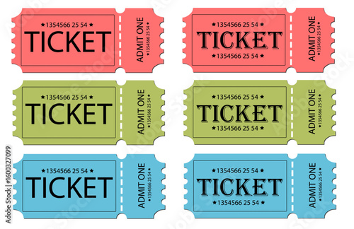 Set of 6 colorful blank tickets on white background. Green, pink, and blue ticket mockups for concert, cinema, event, coupon, raffle, boarding pass. Isolated templates for design and print.