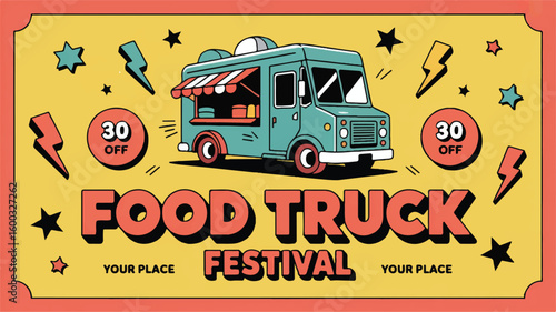 Teal food truck festival with lightning stars retro