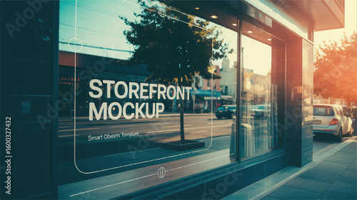 Storefront mockup with street reflection glass