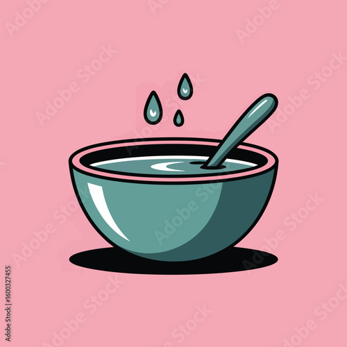 Teal Bowl of Liquid with Spoon and Pink Background Vector Style Illustration Three Droplets Falling from Spoon Simple Minimalist Design