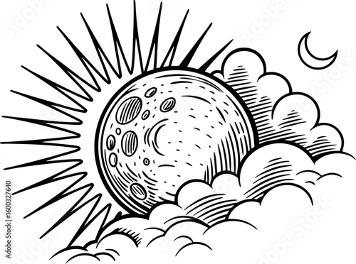 Stylized sun with rays and craters surrounded by clouds with a crescent moon