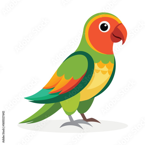 A vibrant colorful lovebird captured mid-playful peck, on a clean white background, showing its energetic and affectionate nature.