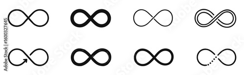 Linear icon set of infinity symbols and loops in various styles