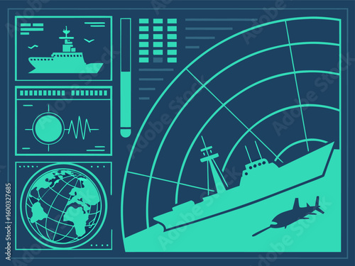 Naval radar screen displays ship and submarine with global map and sonar data