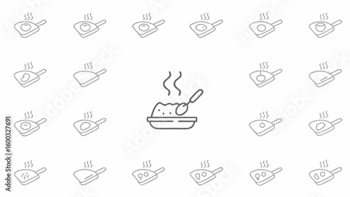 Collection of cooking icons featuring fried eggs in pans and a bowl of food with steam effect design silhouette