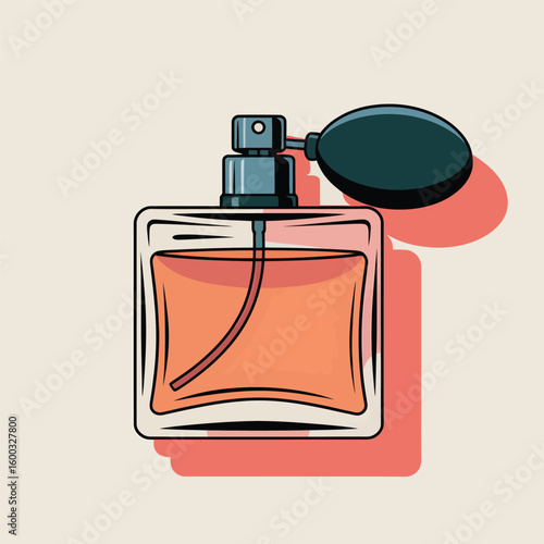 Two Cute Vector Style Illustration Of A Perfume Bottle With Coral Colored Liquid And A Dark Gray Bulb Atomizer On A Peach Colored Background