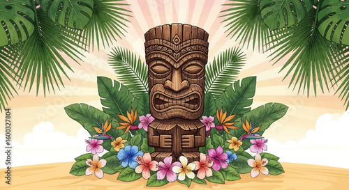 Illustration Vector Tiki Statue with Tropical Flowers Palm Leaves in Vintage Style