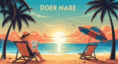 Illustration Vector Beach Scene with Woman Reading Palm Trees and Sunset in Warm Colors