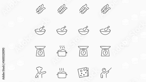 Collection of cooking related icons featuring skewers, bowls, scales, pots, chef and recipe card silhouette