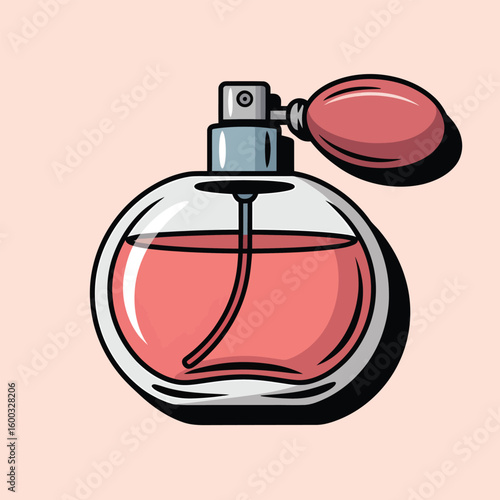 A Cute Vector Style Illustration of a Pink Perfume Bottle with a Light Pink Background a Clear Glass Bottle and a Gray Sprayer