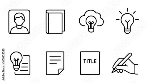 Linear icon set of creativity, writing, and brainstorming tools