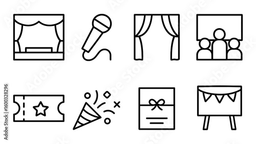 Linear icon set of theater, performance, and entertainment symbols